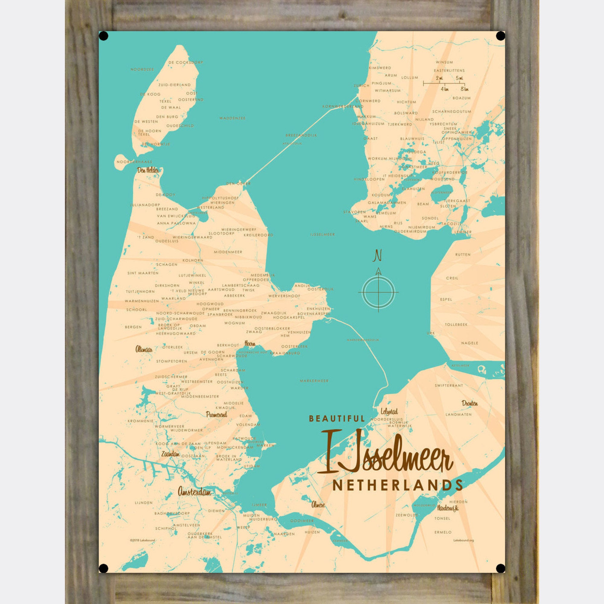 IJsselmeer Netherlands, Wood-Mounted Metal Sign Map Art