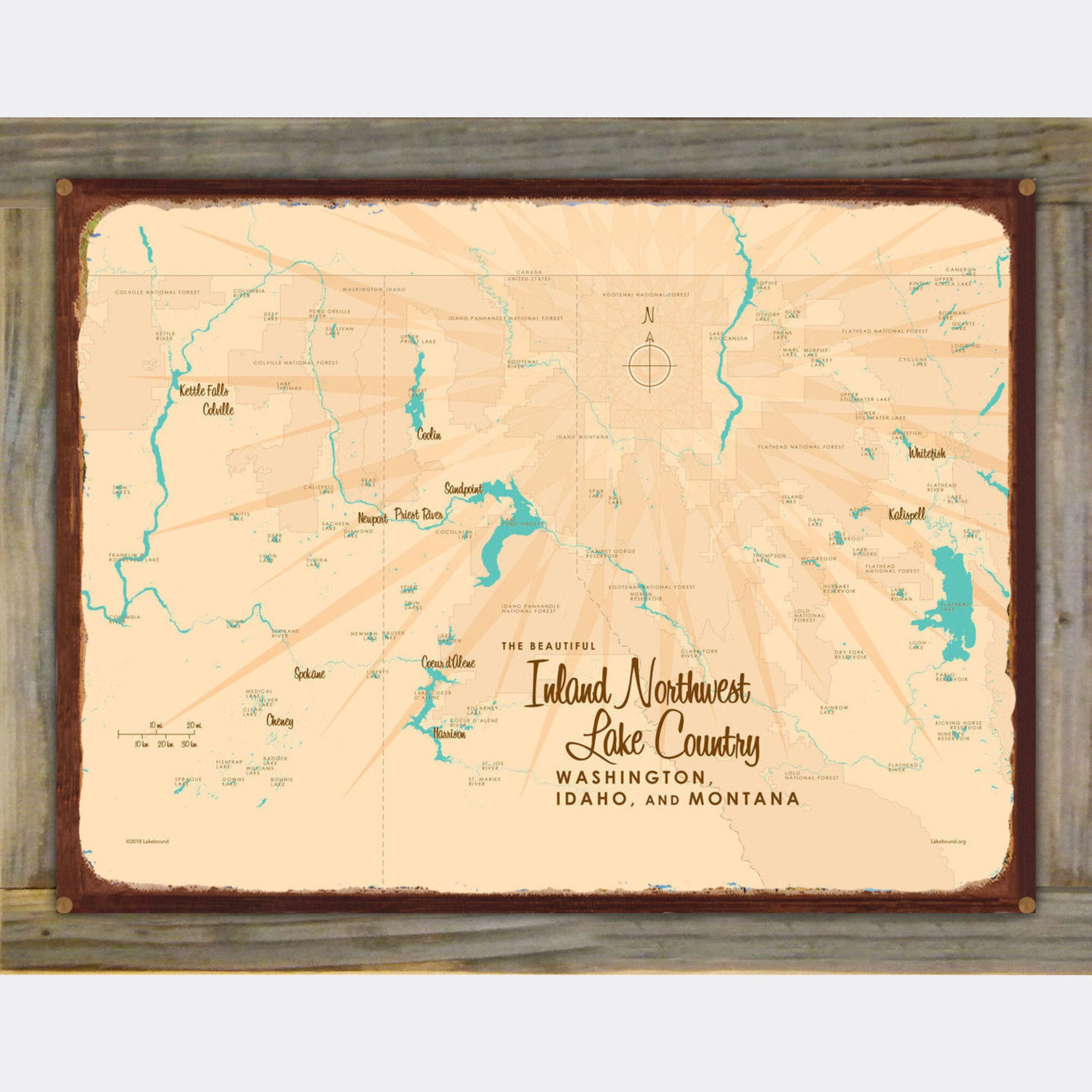 Inland NW Lake Country Washington Idaho Montana, Wood-Mounted Rustic Metal Sign Map Art