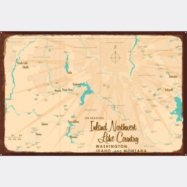 Inland NW Lake Country Washington Idaho Montana, Rustic Metal Sign Map Art