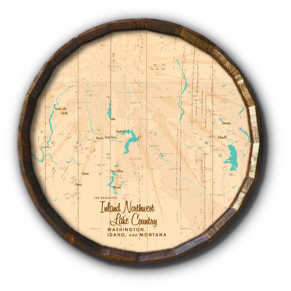 Inland Northwest Lake Country WA ID Montana, Rustic Barrel End Map Art