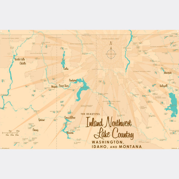 Inland NW Lake Country Washington Idaho Montana, Metal Sign Map Art