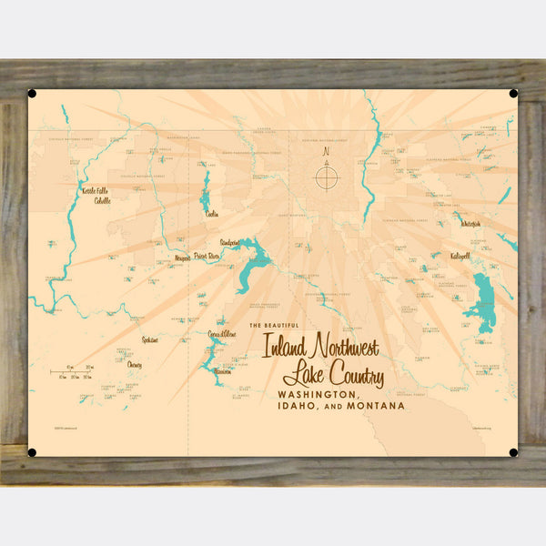 Inland NW Lake Country Washington Idaho Montana, Wood-Mounted Metal Sign Map Art