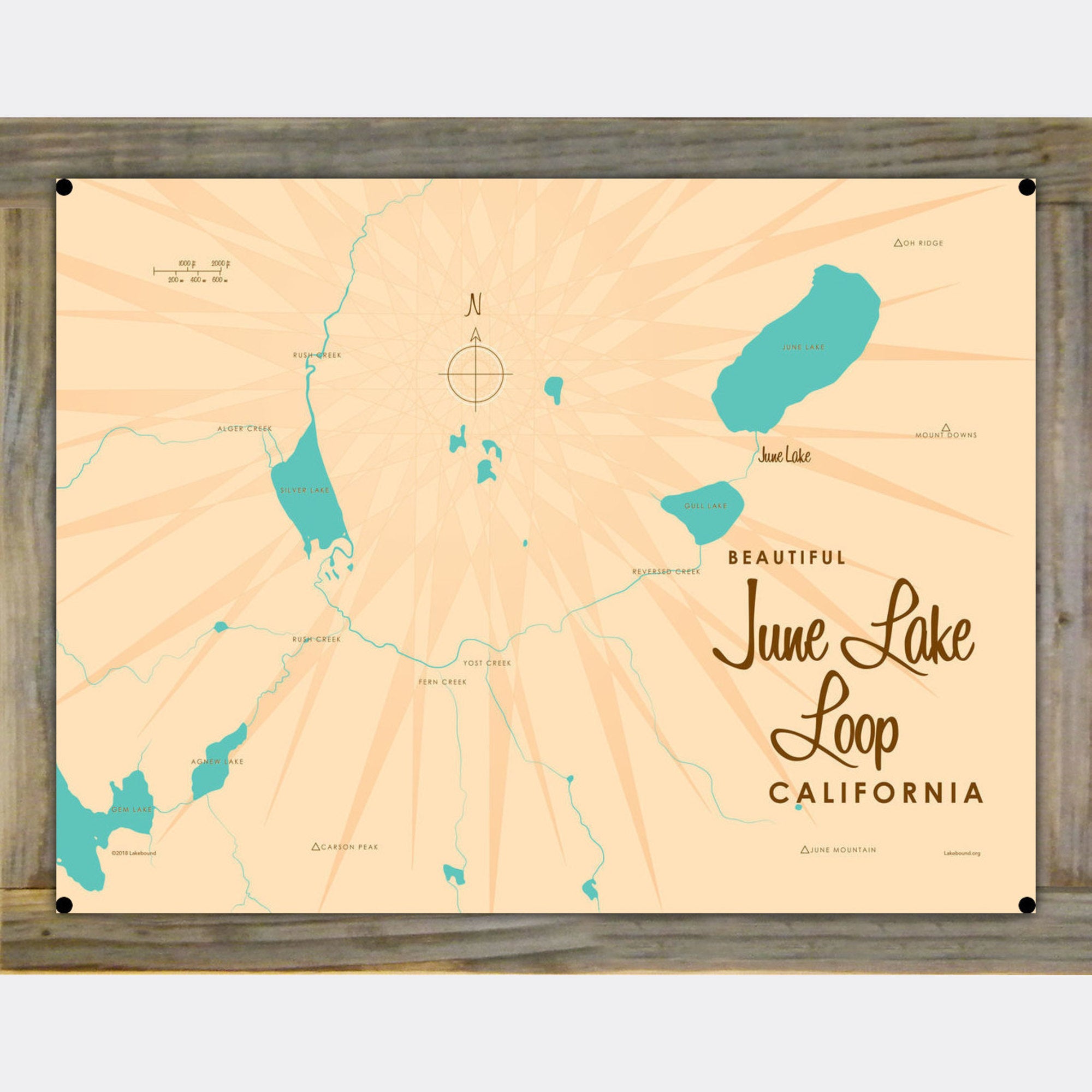 June Lake Loop California, Wood-Mounted Metal Sign Map Art