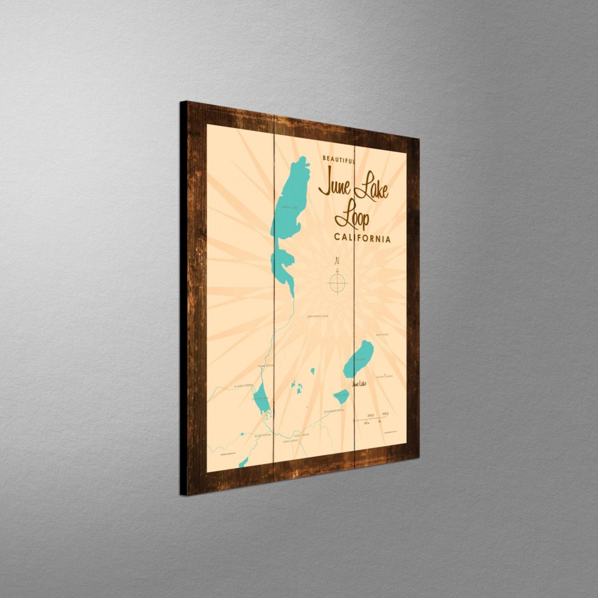 June Lake Loop California, Rustic Wood Sign Map Art