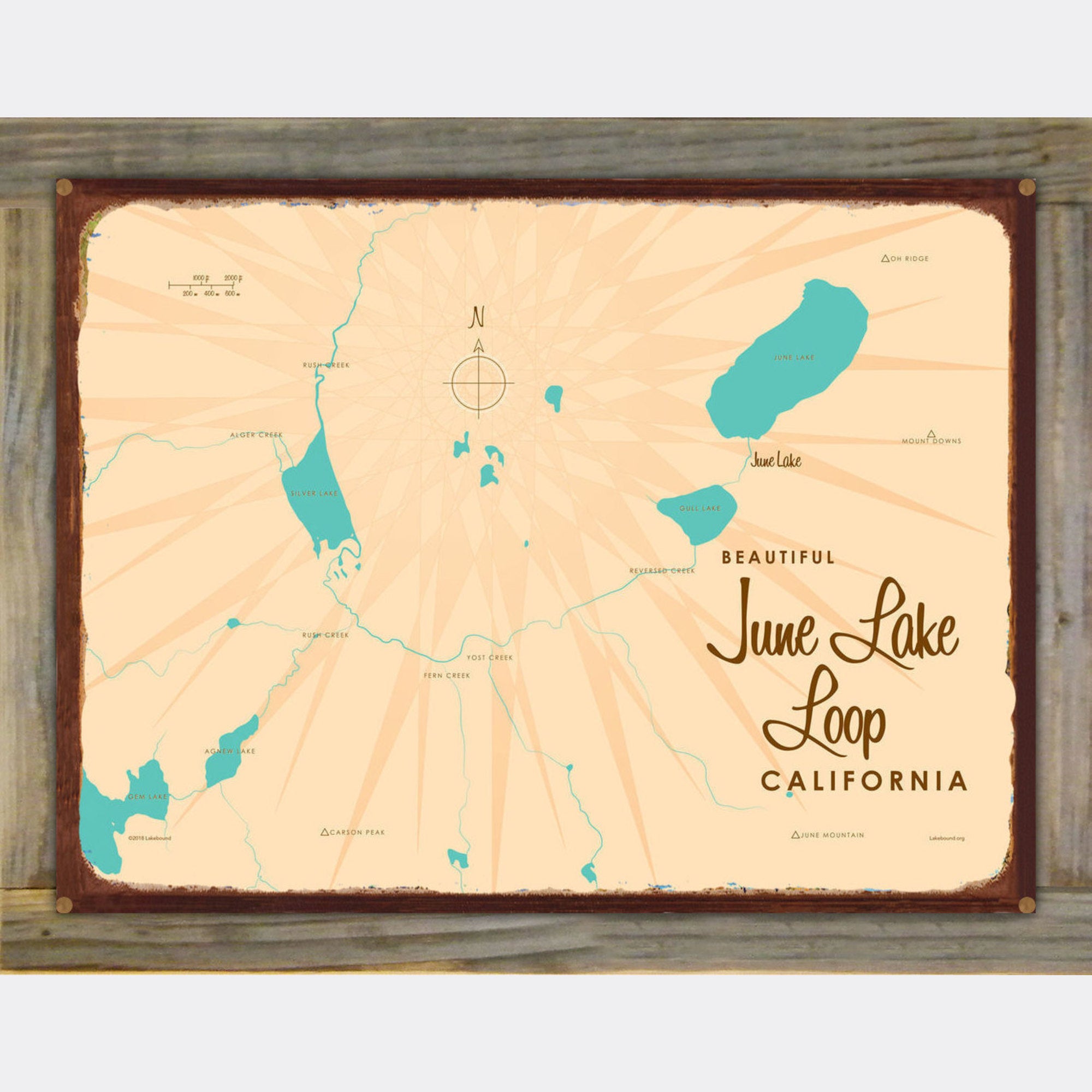 June Lake Loop California, Wood-Mounted Rustic Metal Sign Map Art