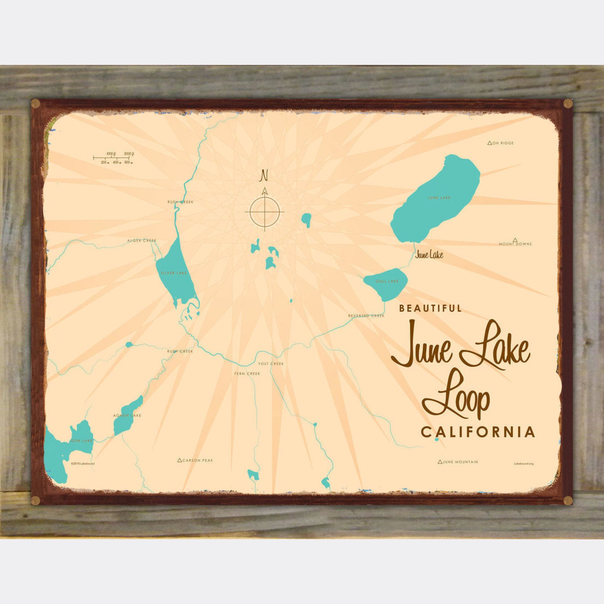 Rustic June Sign June Lake Loop California, Wood-Mounted Rustic Metal Sign Map Art ...
