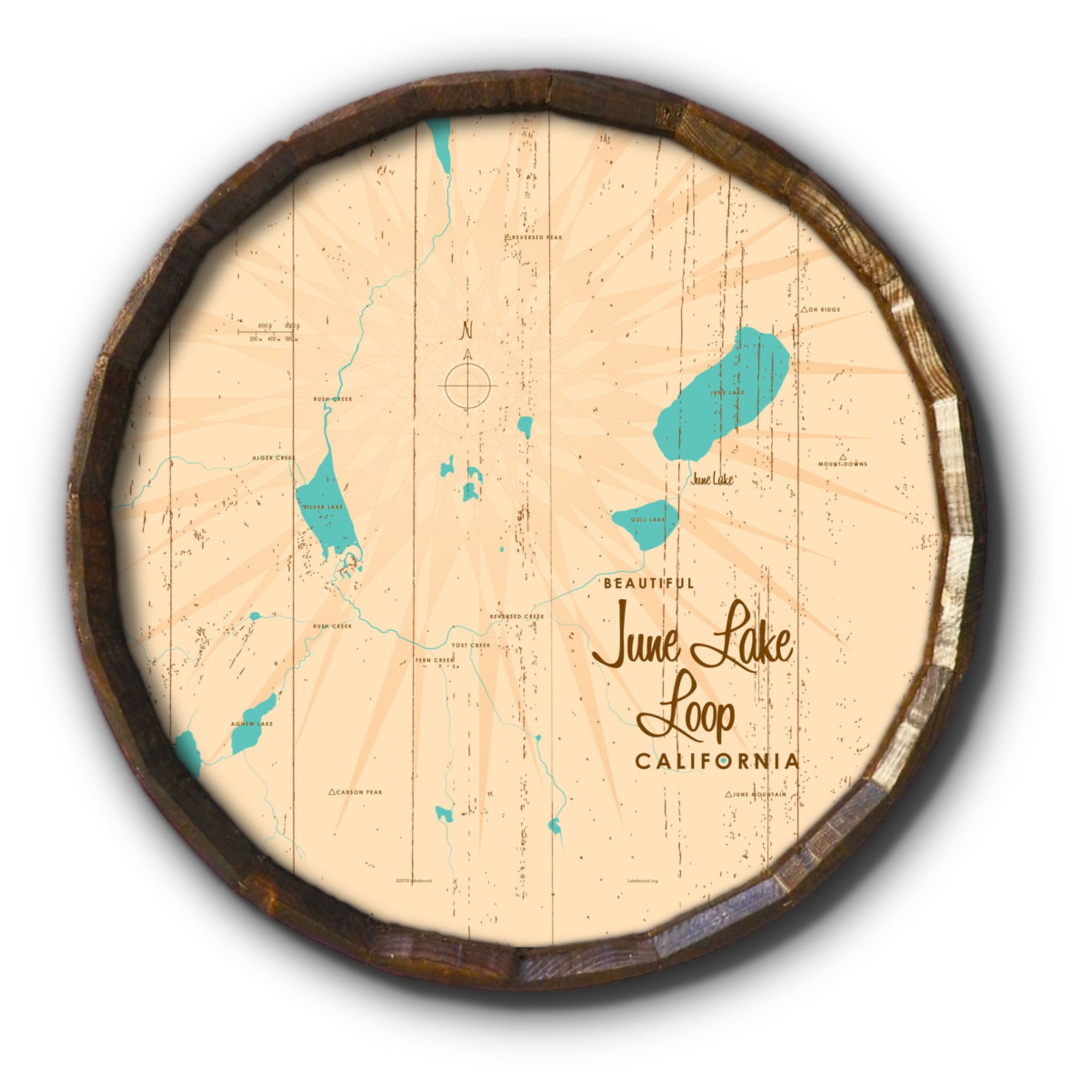 June Lake Loop California, Rustic Barrel End Map Art