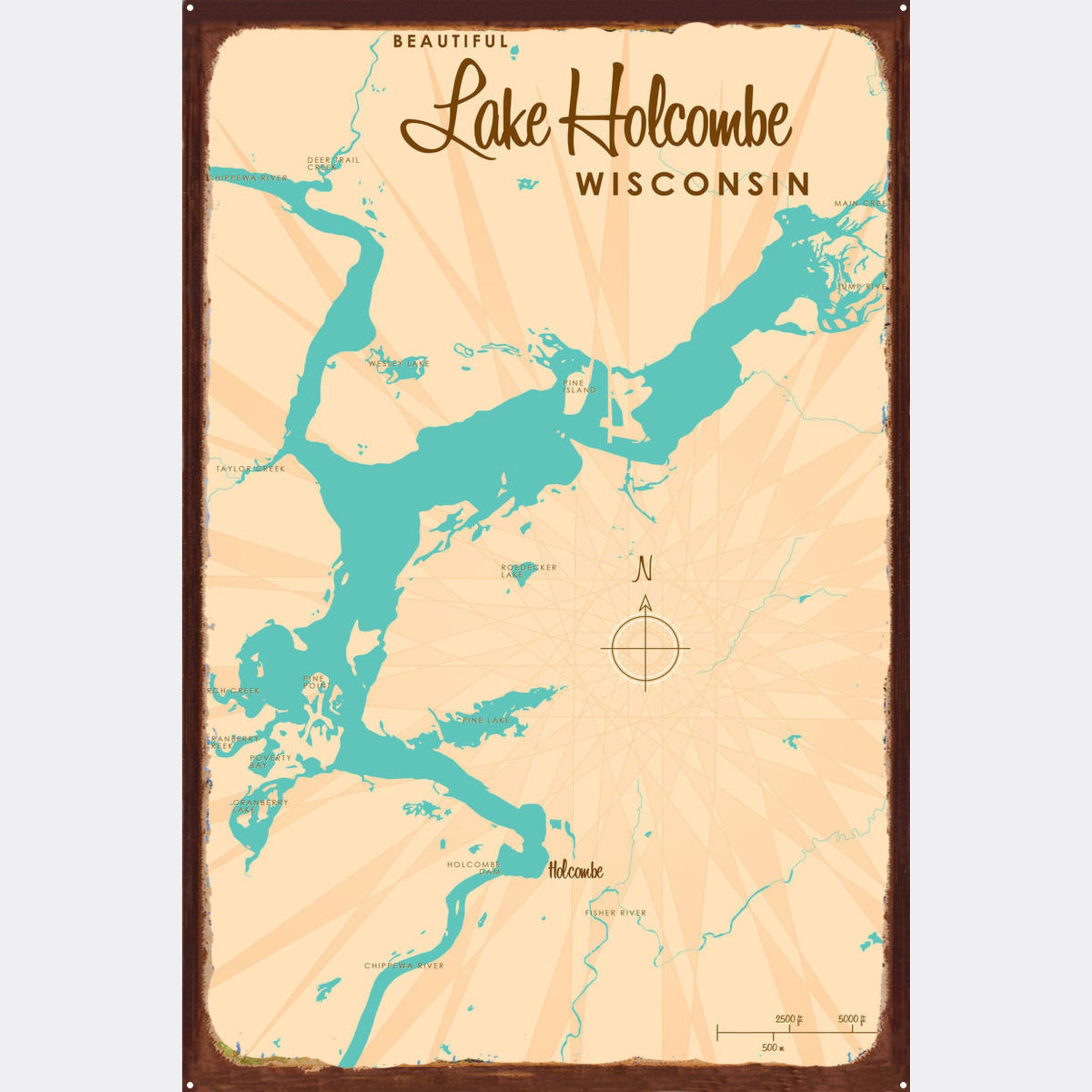 Lake Holcombe Wisconsin, Rustic Metal Sign Map Art