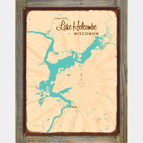 Lake Holcombe Wisconsin, Wood-Mounted Rustic Metal Sign Map Art