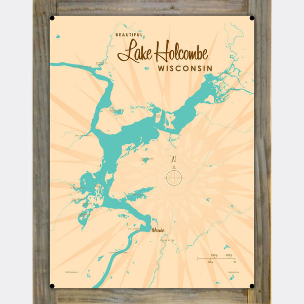 Lake Holcombe Wisconsin, Wood-Mounted Metal Sign Map Art