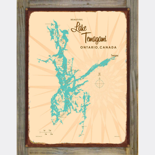 Lake Temagami Ontario Canada, Wood-Mounted Rustic Metal Sign Map Art