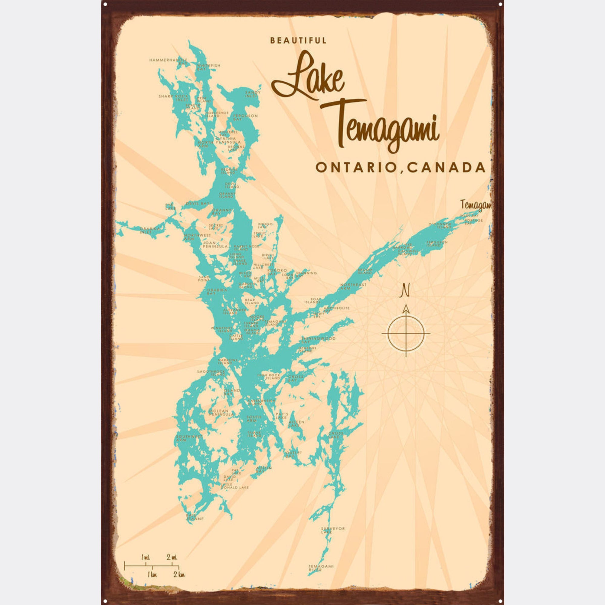 Lake Temagami Ontario Canada, Rustic Metal Sign Map Art