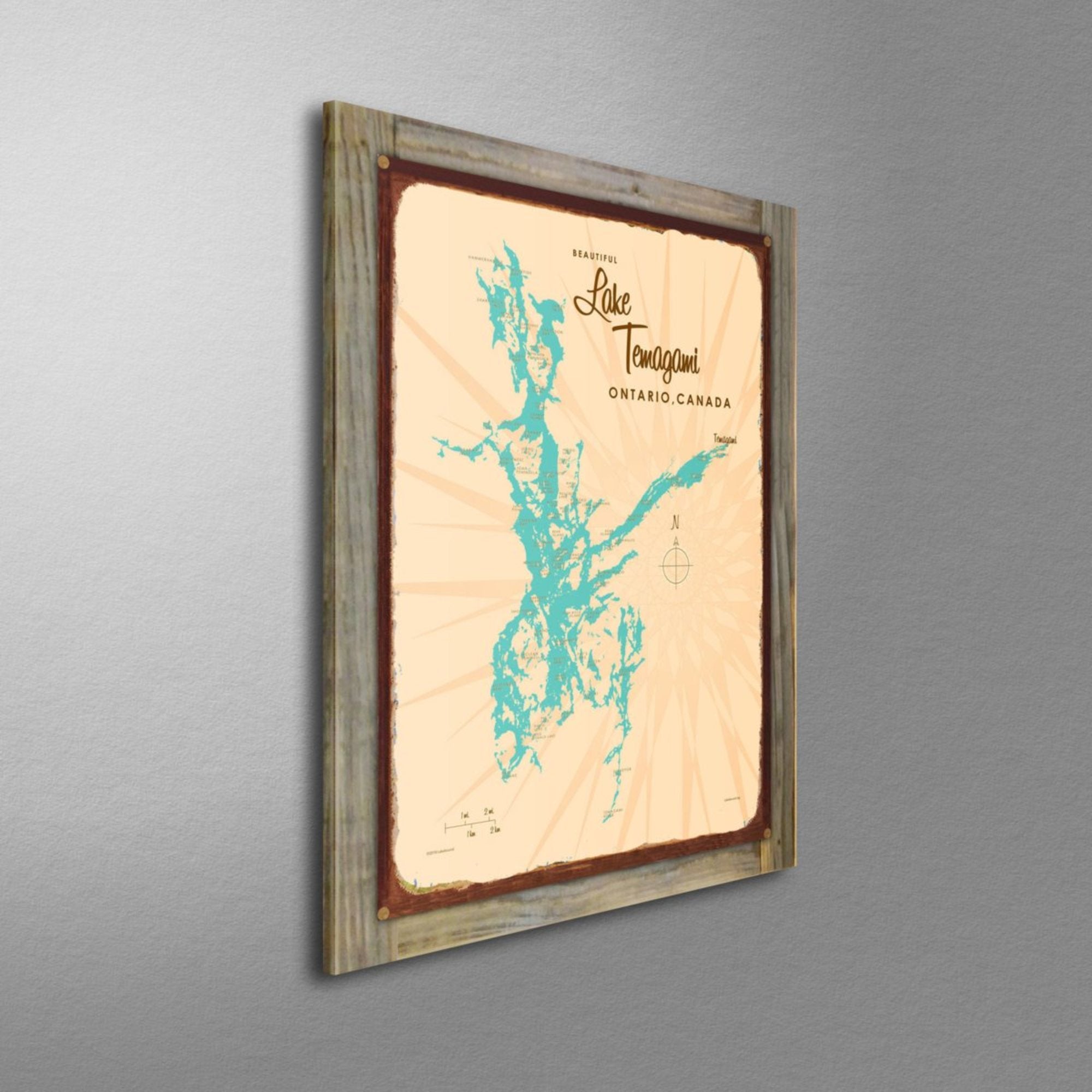 Lake Temagami Ontario Canada, Wood-Mounted Rustic Metal Sign Map Art