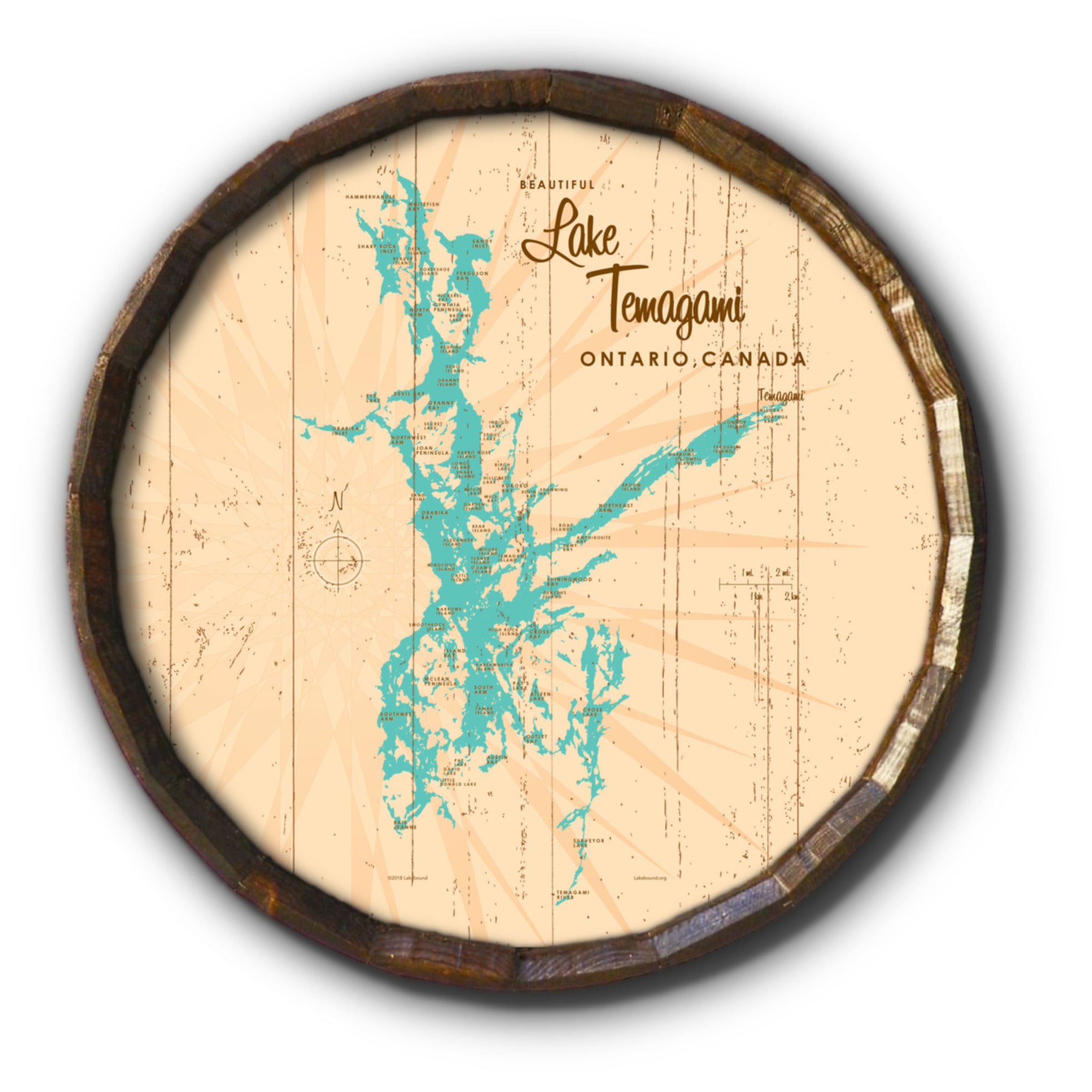 Lake Temagami Ontario, Rustic Barrel End Map Art