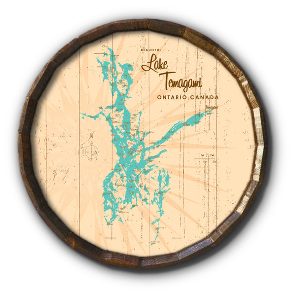 Lake Temagami Ontario, Rustic Barrel End Map Art