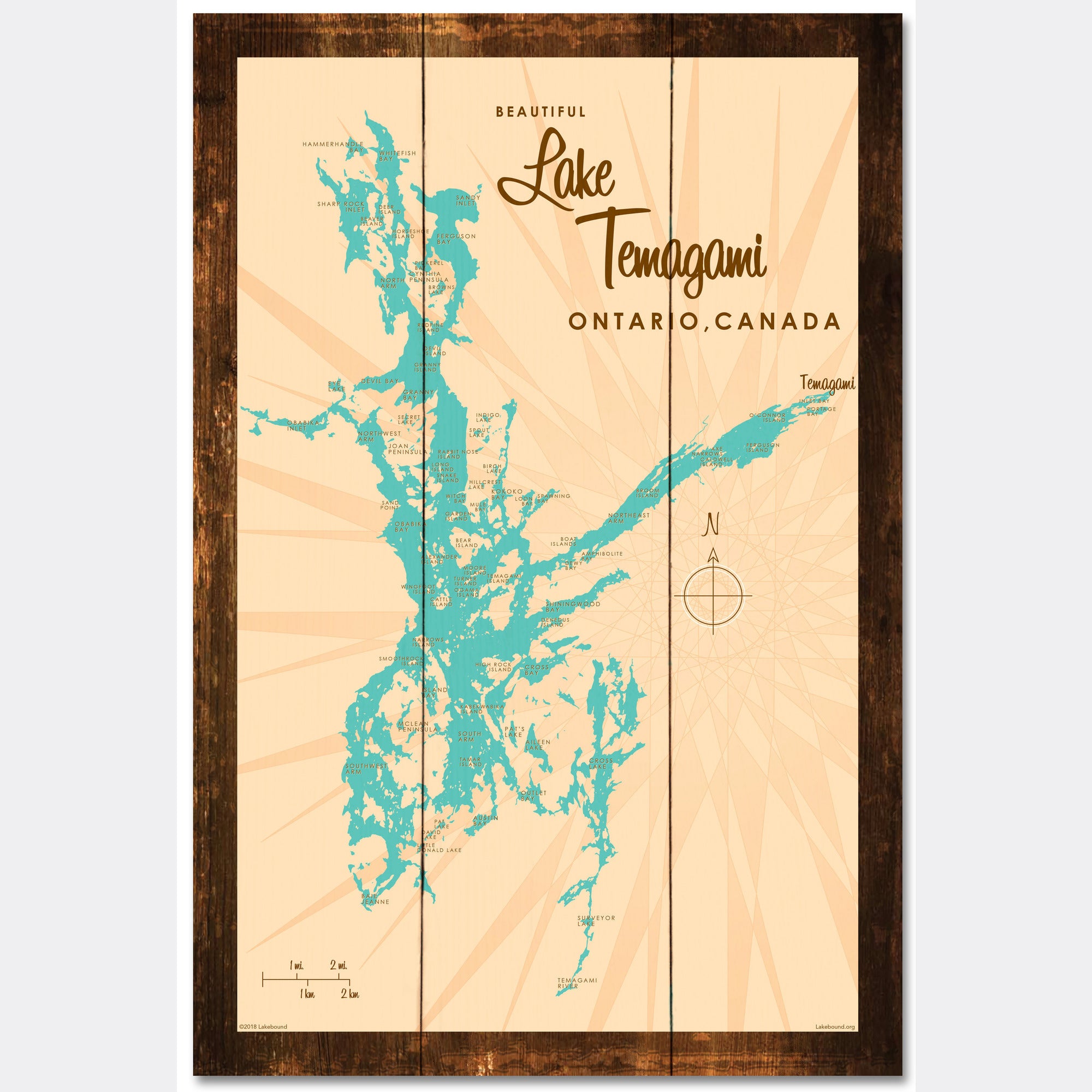 Lake Temagami Ontario, Rustic Wood Sign Map Art