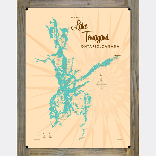 Lake Temagami Ontario Canada, Wood-Mounted Metal Sign Map Art