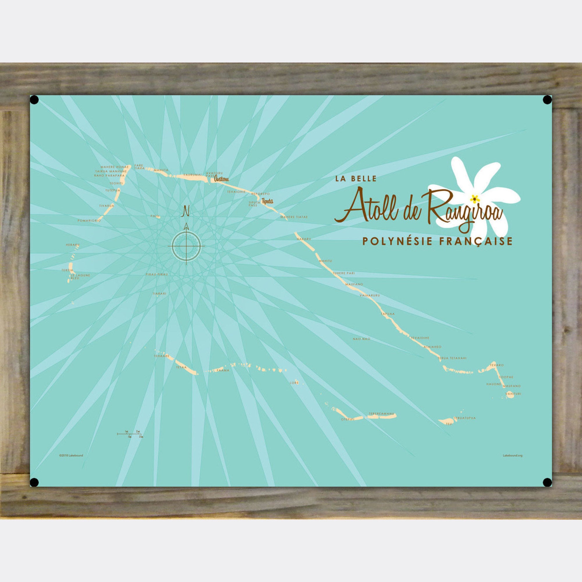 Rangiroa Atoll French Polynesia, Wood-Mounted Metal Sign Map Art
