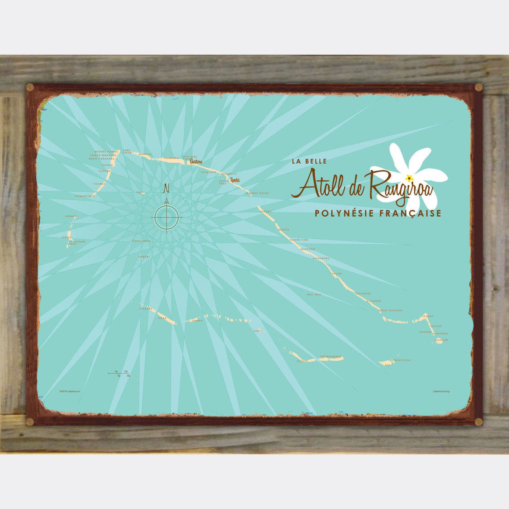 Rangiroa Atoll French Polynesia, Wood-Mounted Rustic Metal Sign Map Art