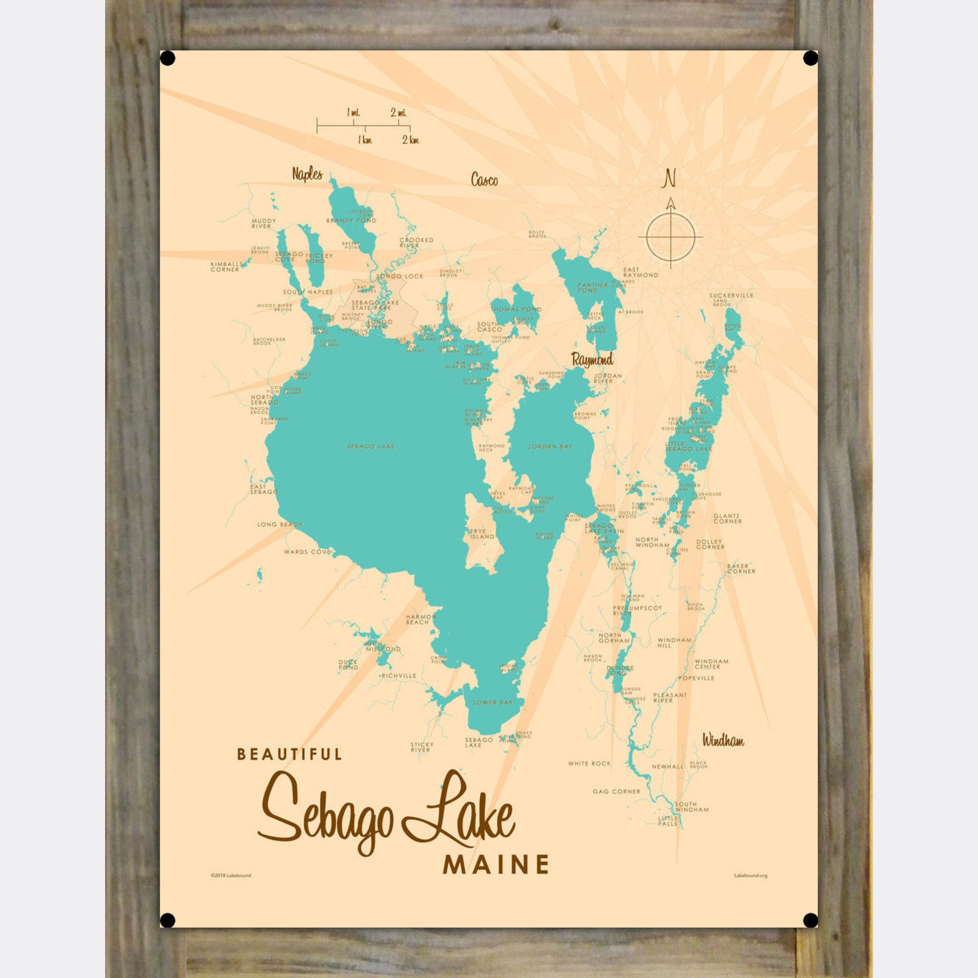 Sebago Lake Maine, Wood-Mounted Metal Sign Map Art