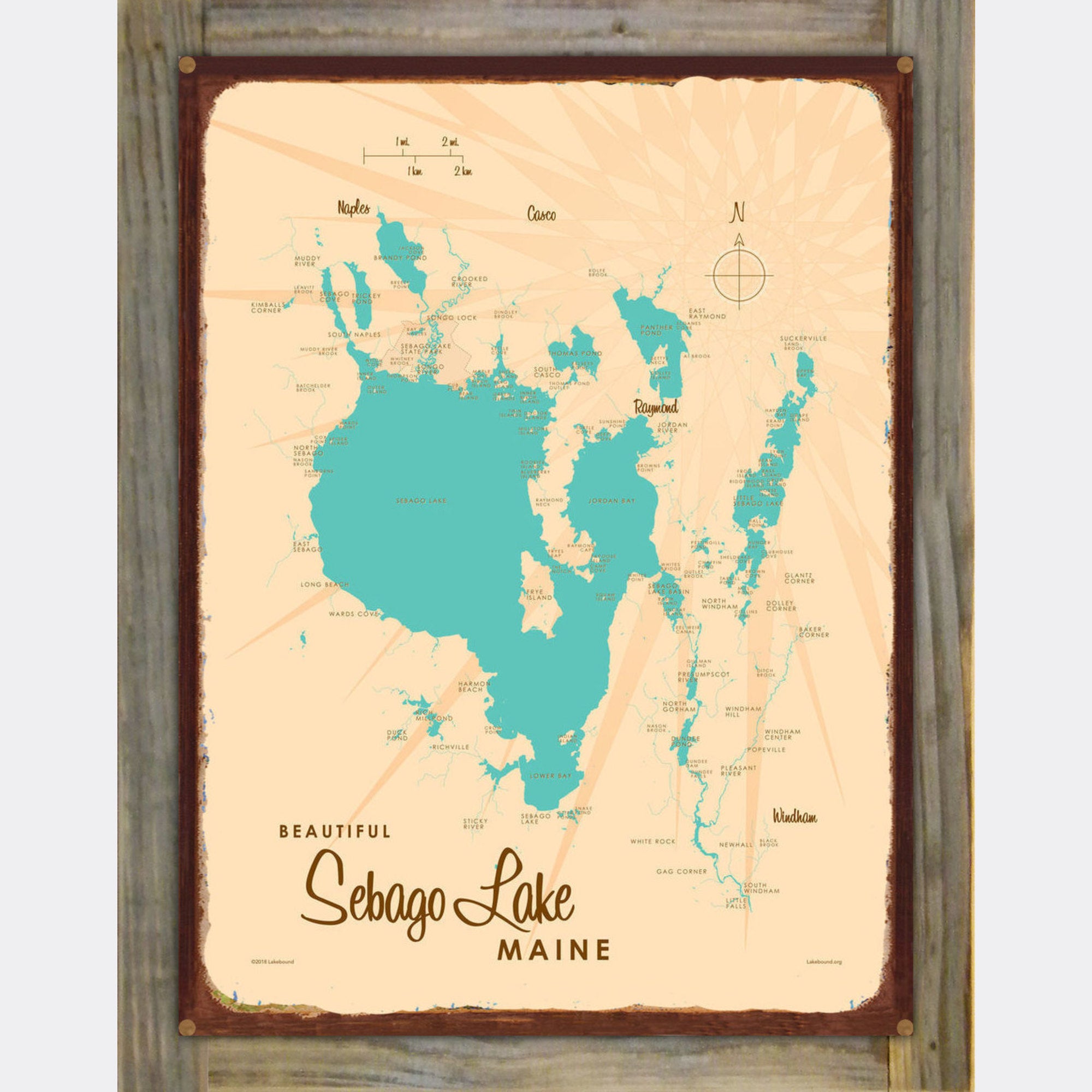 Sebago Lake Maine, Wood-Mounted Rustic Metal Sign Map Art