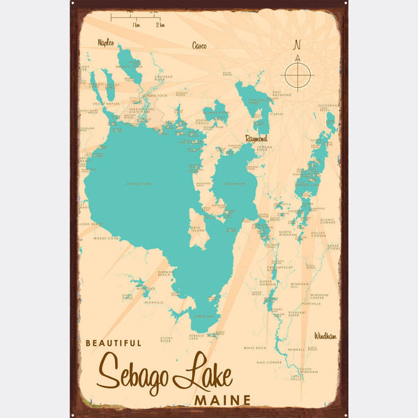 Sebago Lake Maine, Rustic Metal Sign Map Art