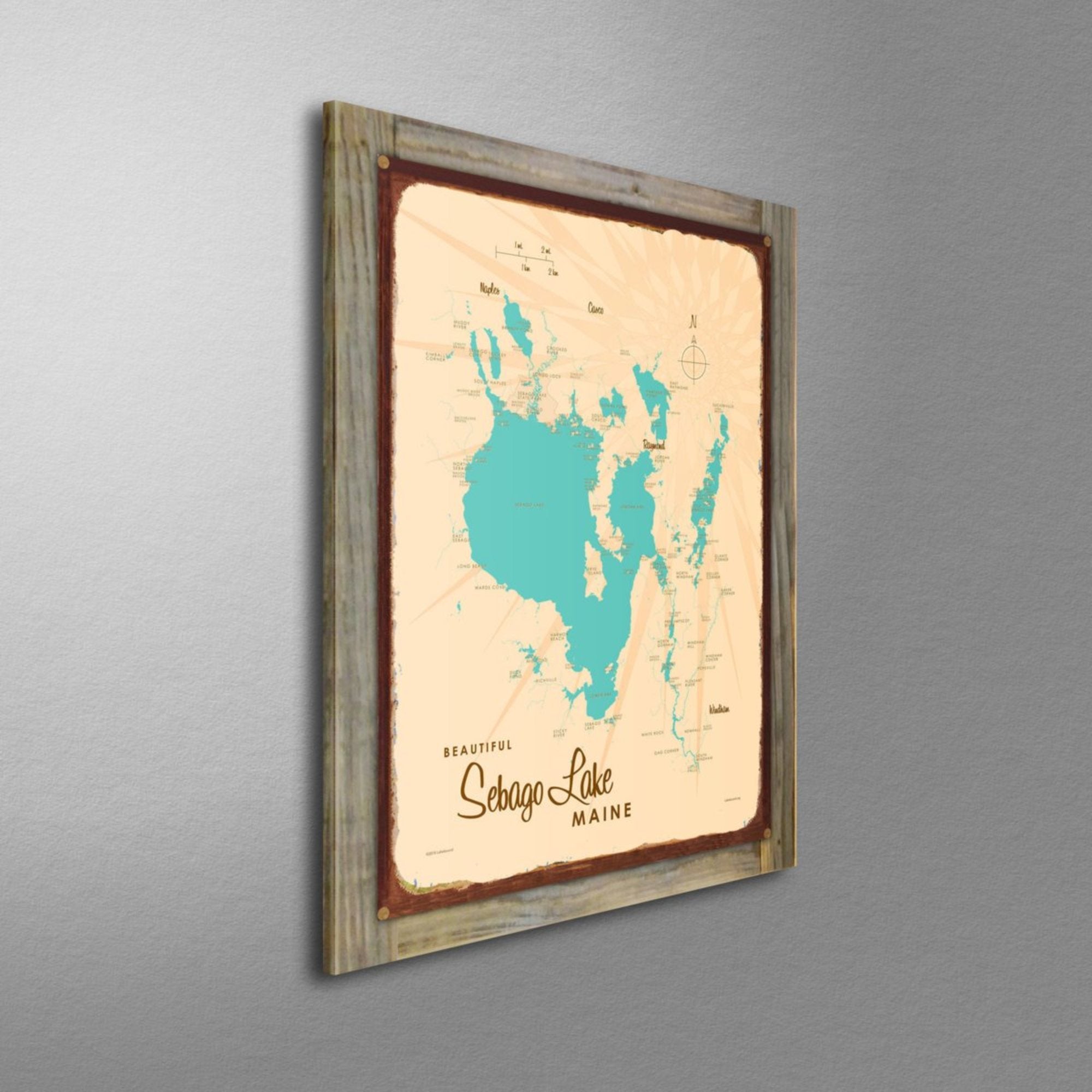 Sebago Lake Maine, Wood-Mounted Rustic Metal Sign Map Art