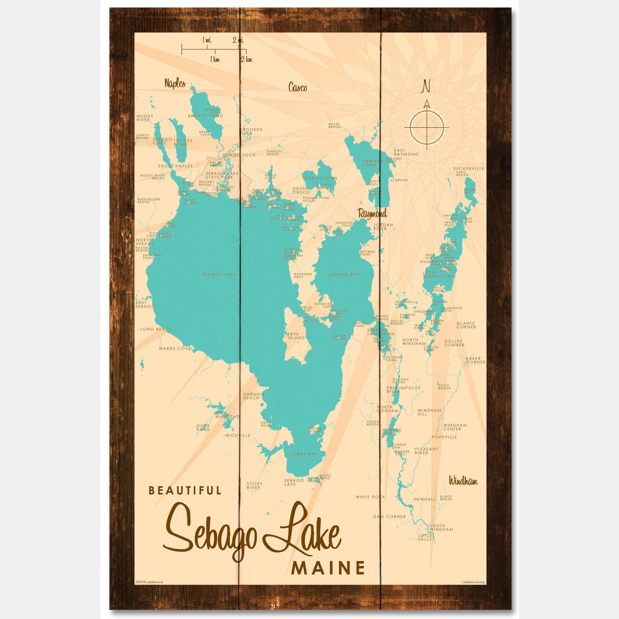 Sebago Lake Maine, Rustic Wood Sign Map Art