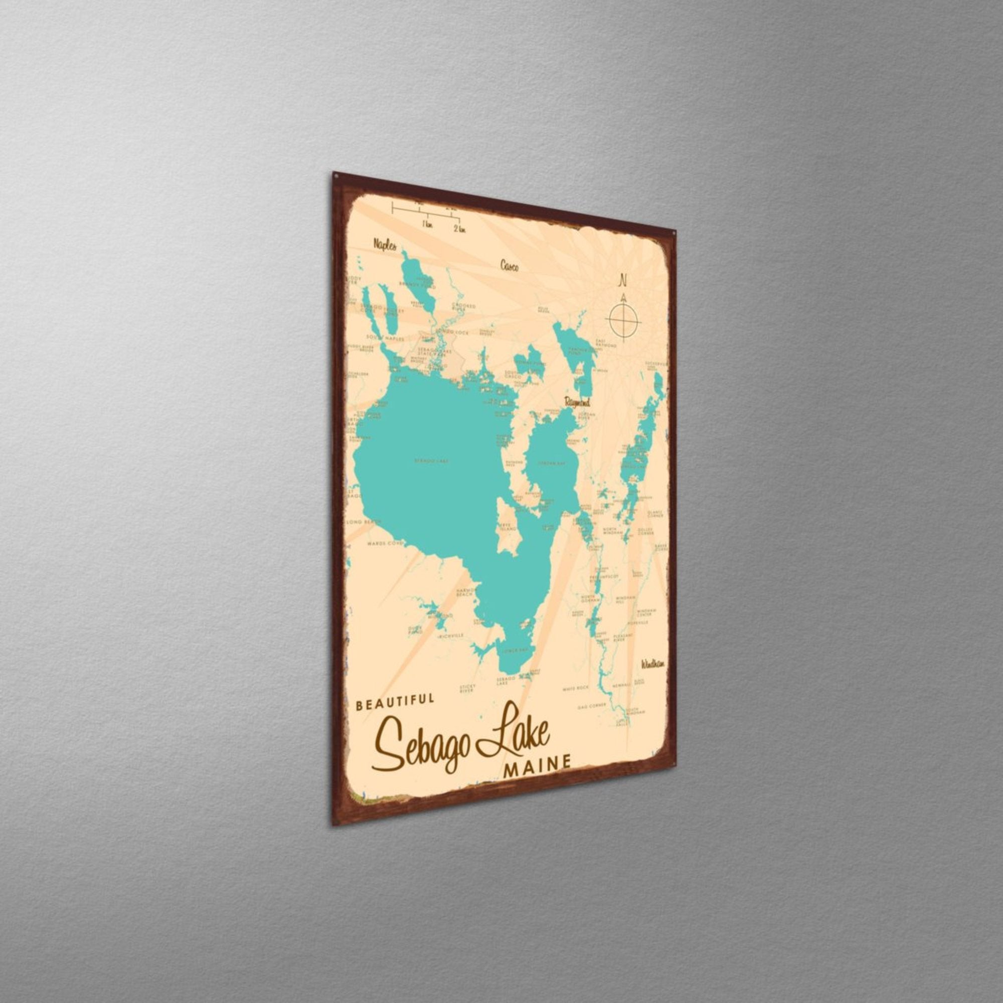 Sebago Lake Maine, Rustic Metal Sign Map Art