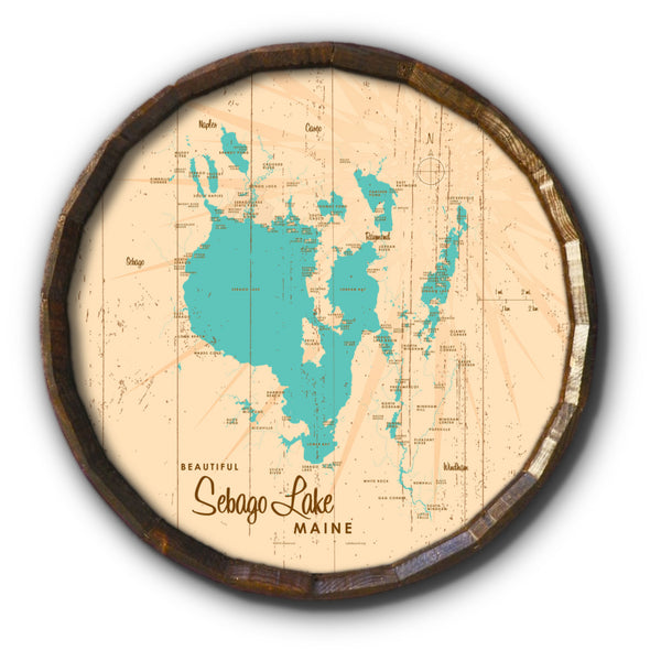 Sebago Lake Maine, Rustic Barrel End Map Art