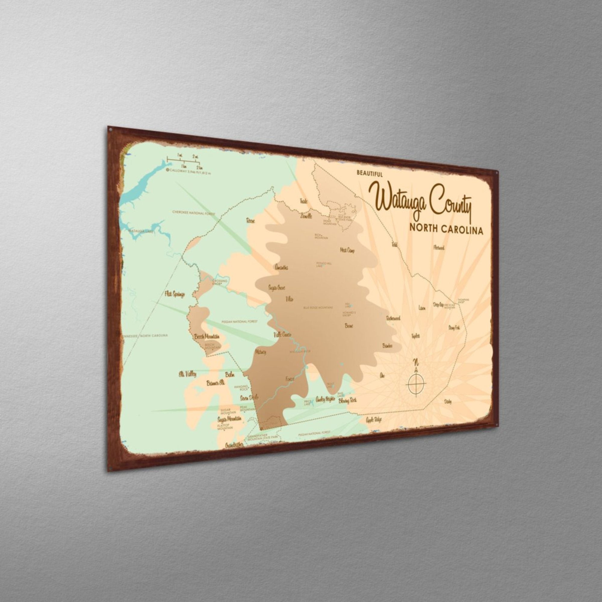 Watauga County North Carolina, Rustic Metal Sign Map Art