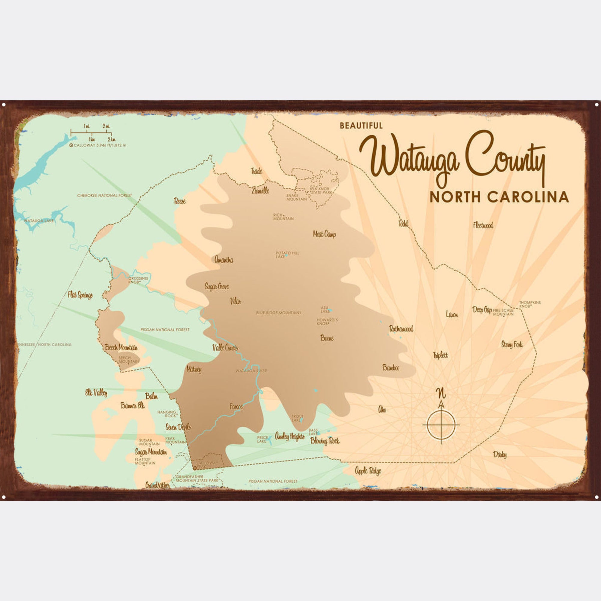 Watauga County North Carolina, Rustic Metal Sign Map Art