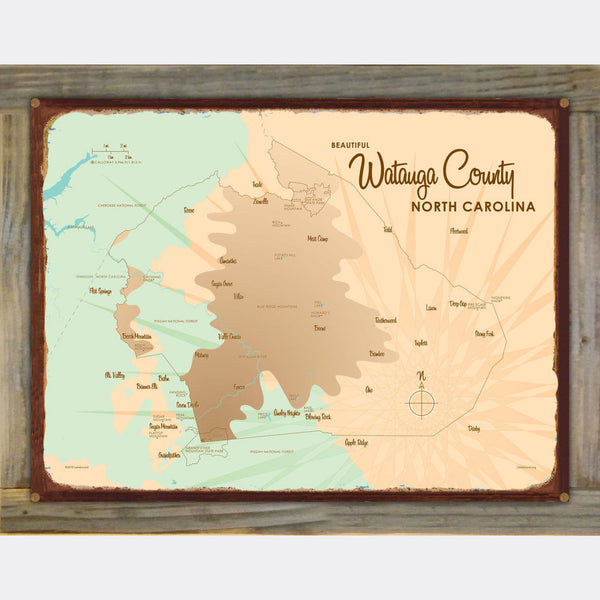 Watauga County North Carolina, Wood-Mounted Rustic Metal Sign Map Art