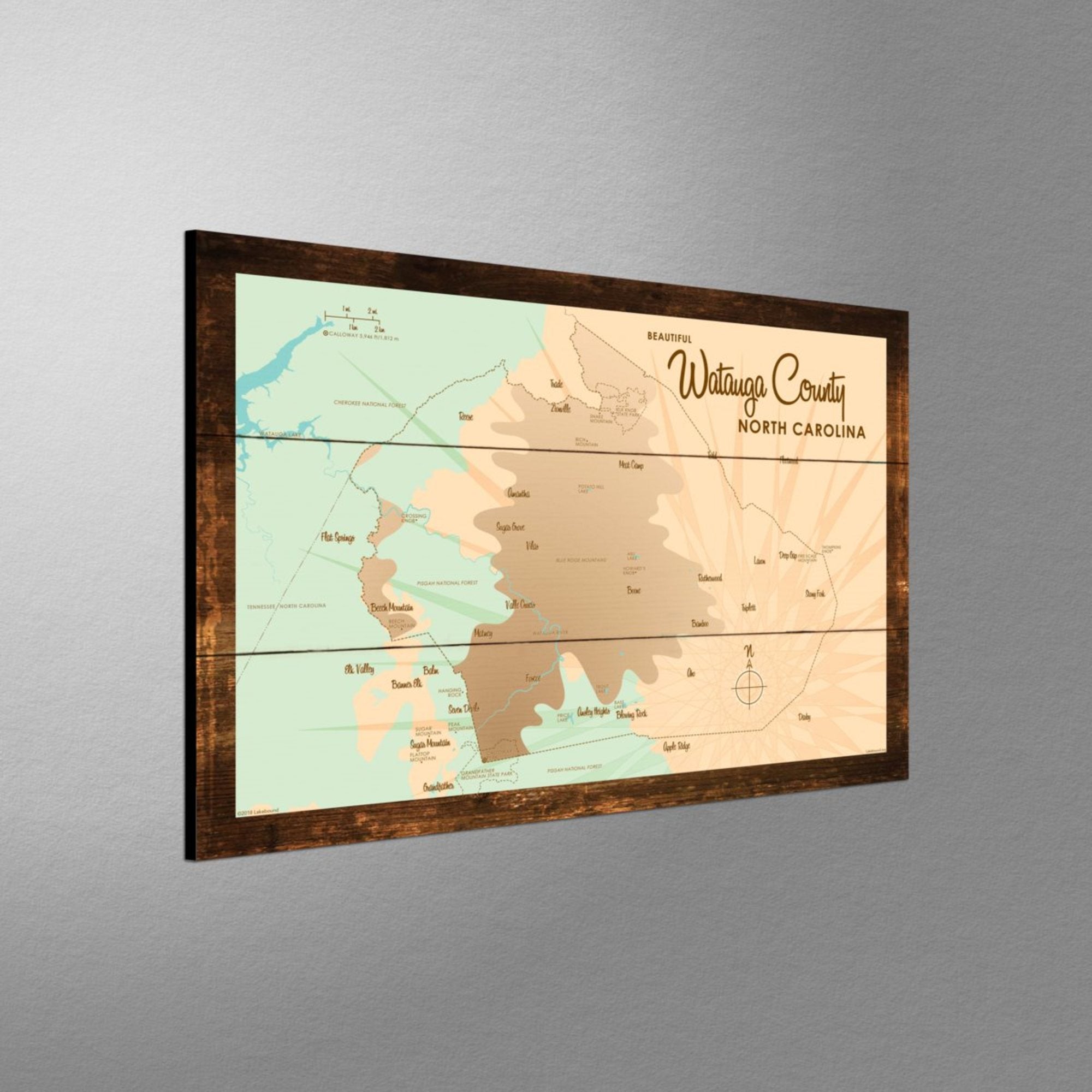 Watauga County North Carolina, Rustic Wood Sign Map Art