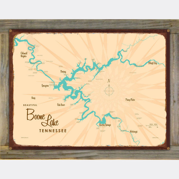 Boone Lake Tennessee, Wood-Mounted Rustic Metal Sign Map Art