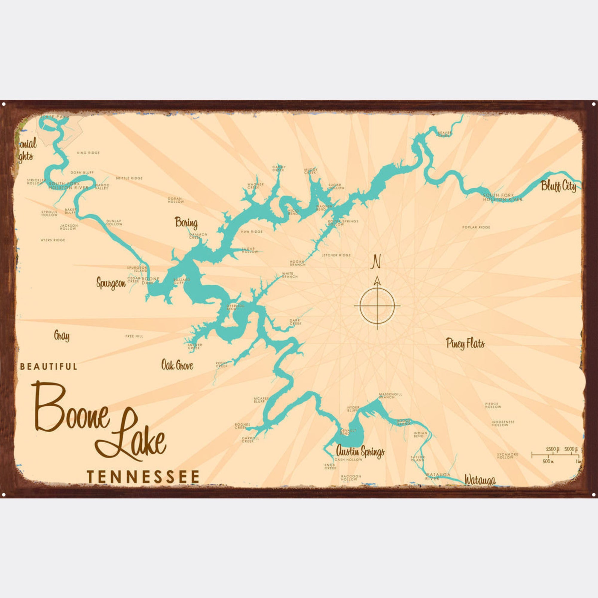 Boone Lake Tennessee, Rustic Metal Sign Map Art