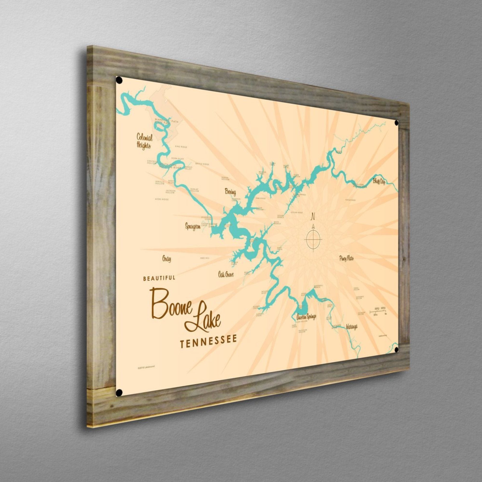 Boone Lake Tennessee, Wood-Mounted Metal Sign Map Art