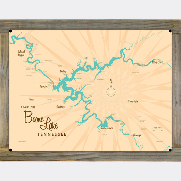 Boone Lake Tennessee, Wood-Mounted Metal Sign Map Art
