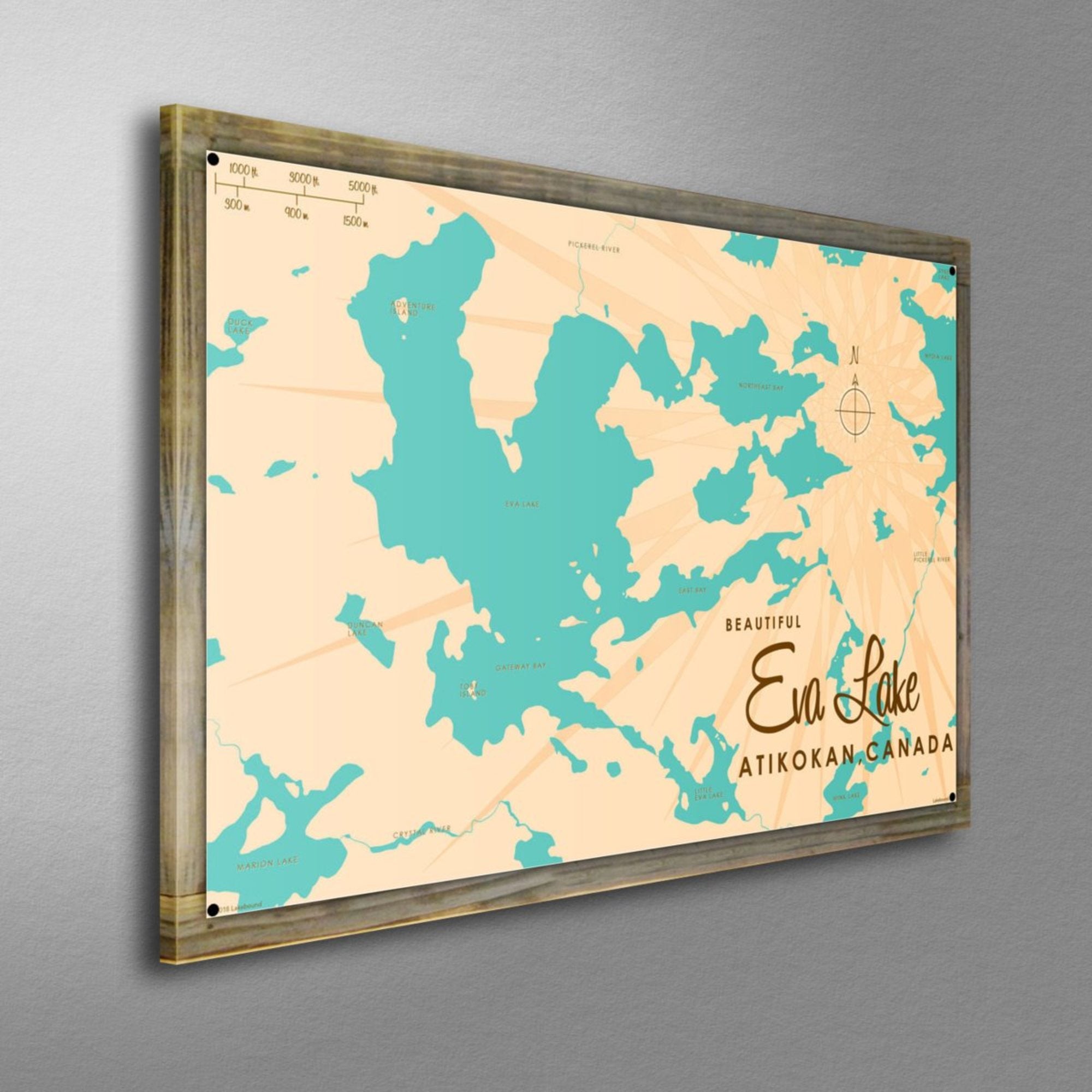 Eva Lake Ontario Canada, Wood-Mounted Metal Sign Map Art