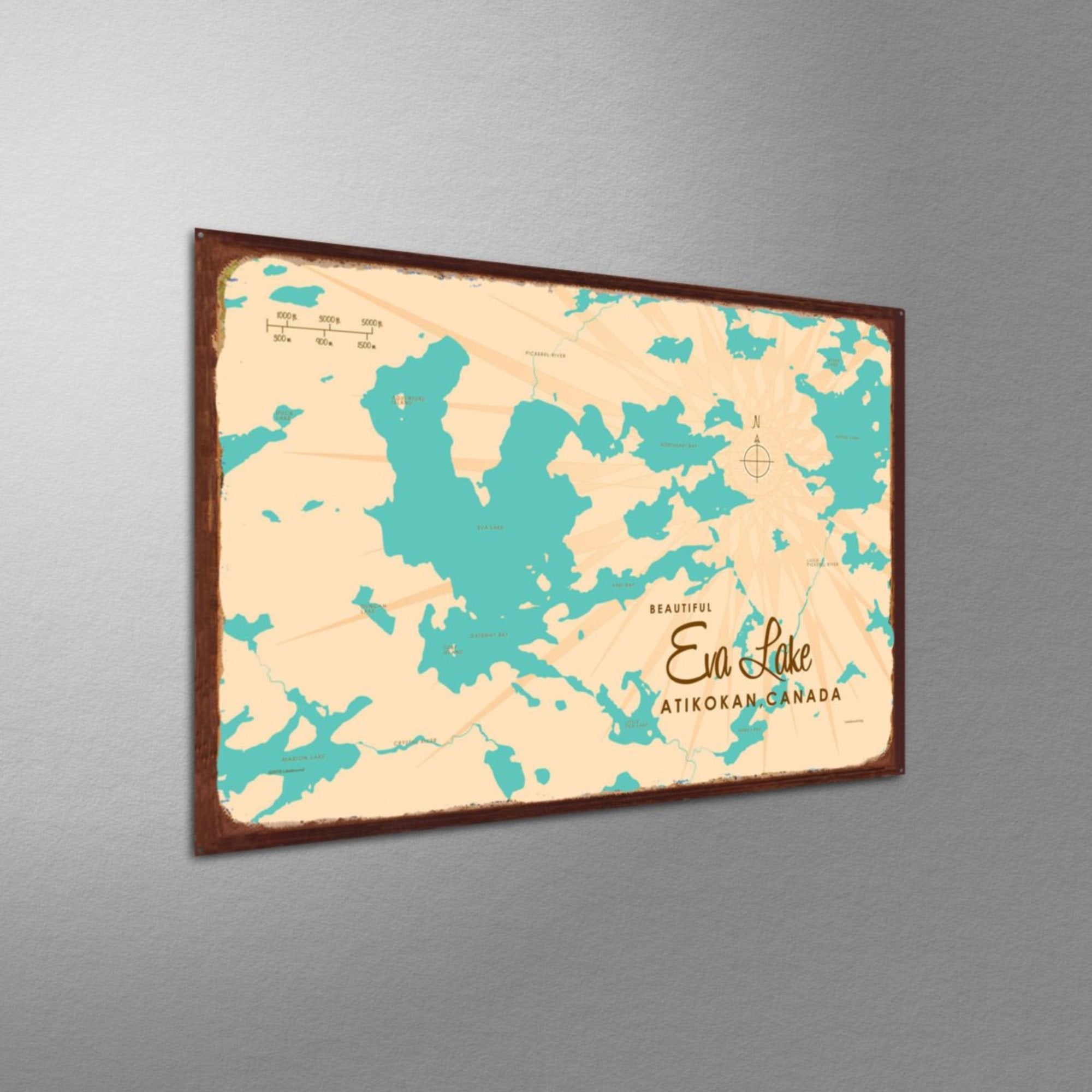 Eva Lake Ontario Canada, Rustic Metal Sign Map Art