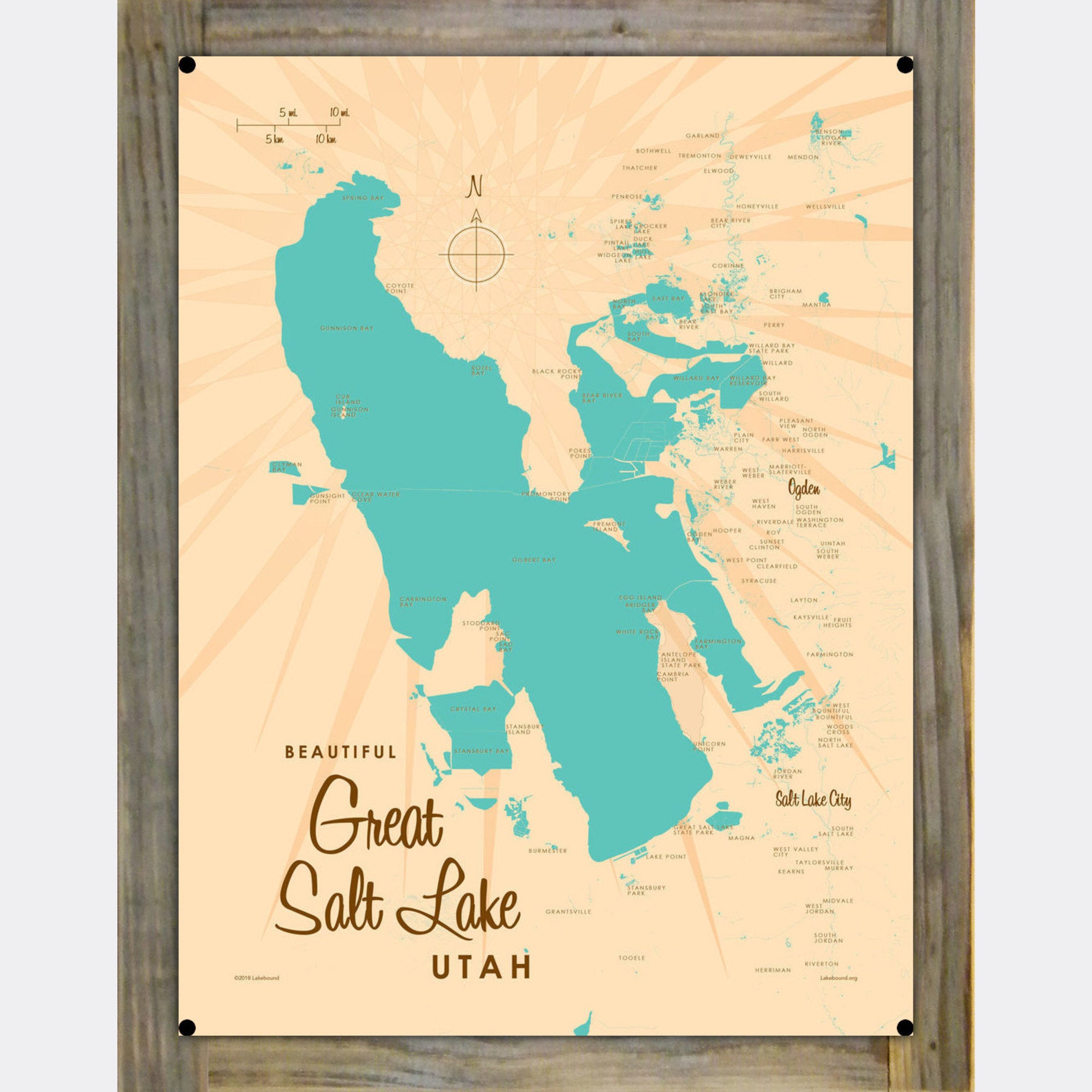 Great Salt Lake Utah, Wood-Mounted Metal Sign Map Art