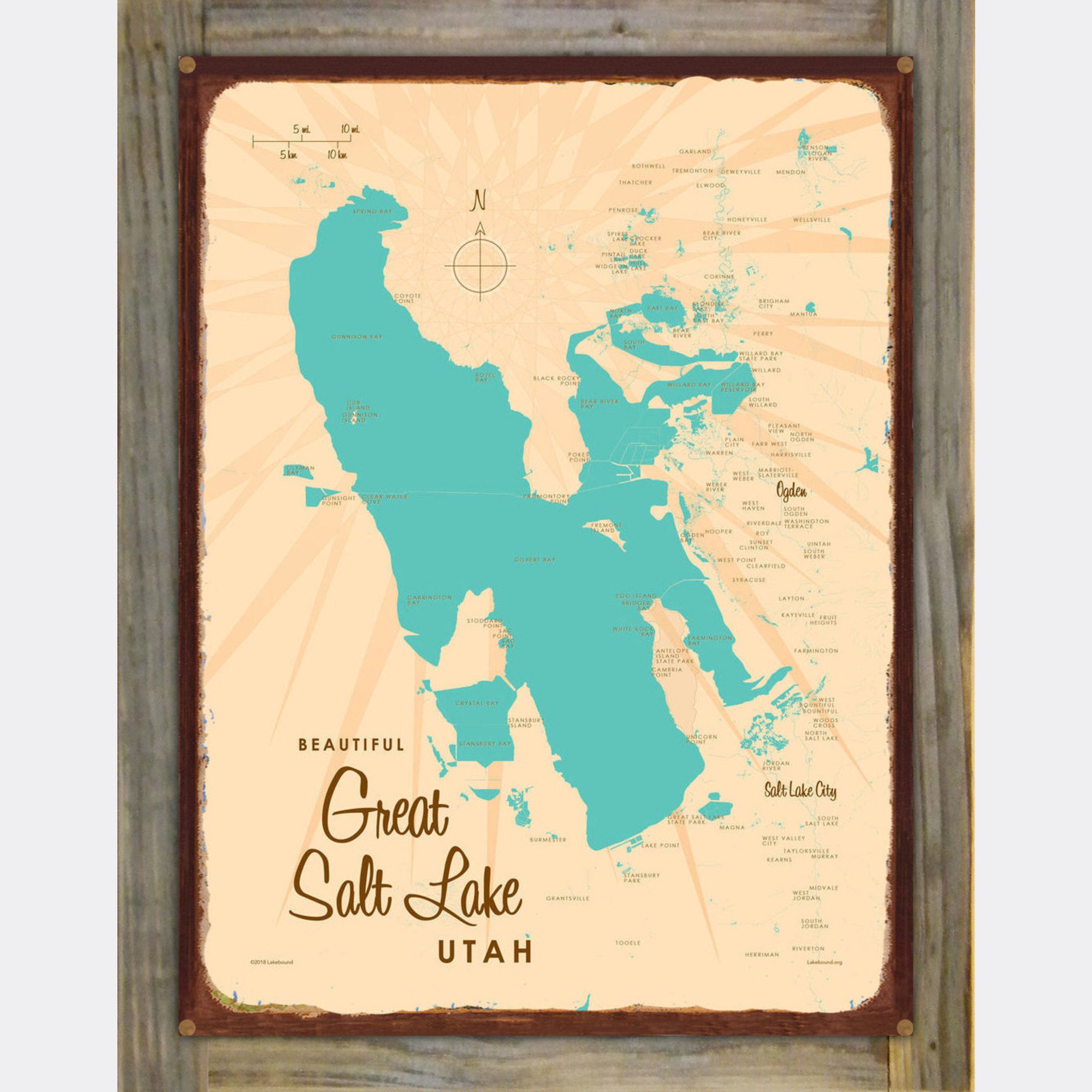 Great Salt Lake Utah, Wood-Mounted Rustic Metal Sign Map Art