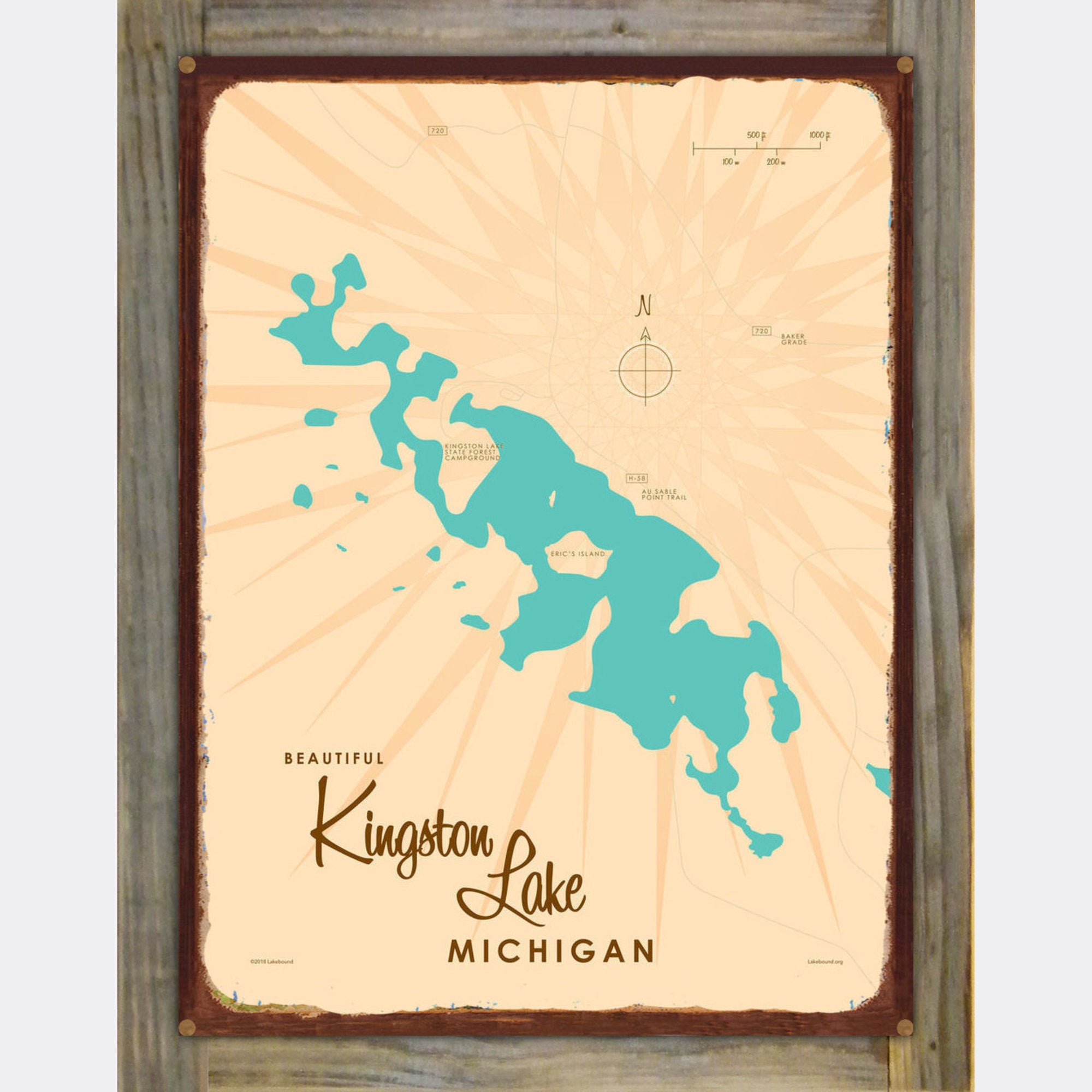 Kingston Lake Michigan, Wood-Mounted Rustic Metal Sign Map Art