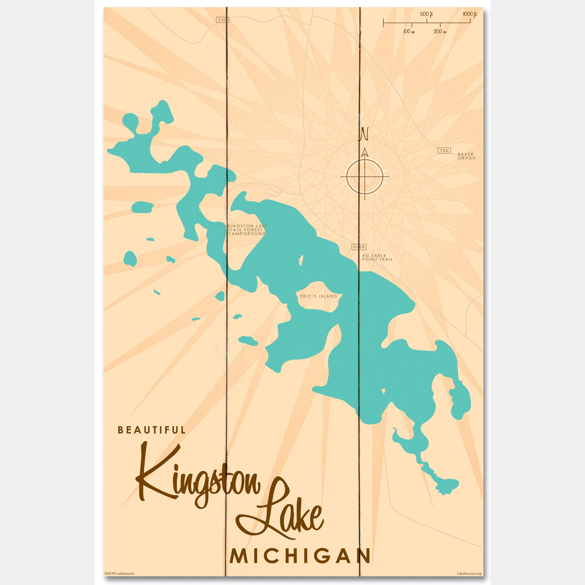 Kingston Lake Michigan, Wood Sign Map Art