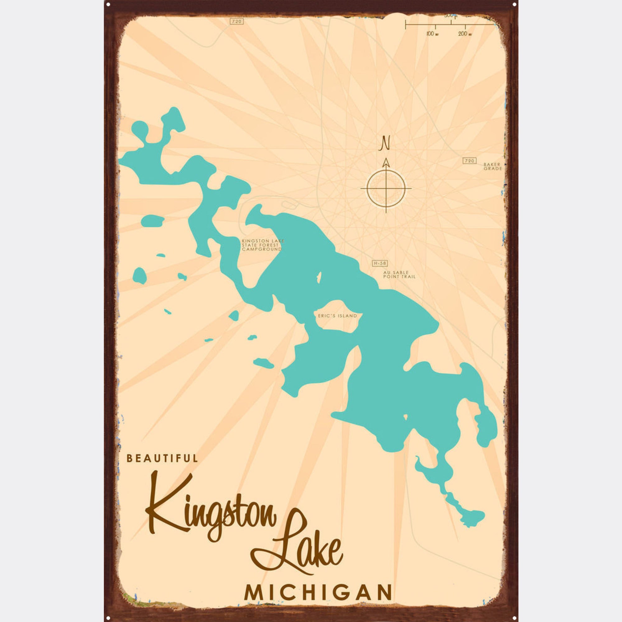 Kingston Lake Michigan, Rustic Metal Sign Map Art