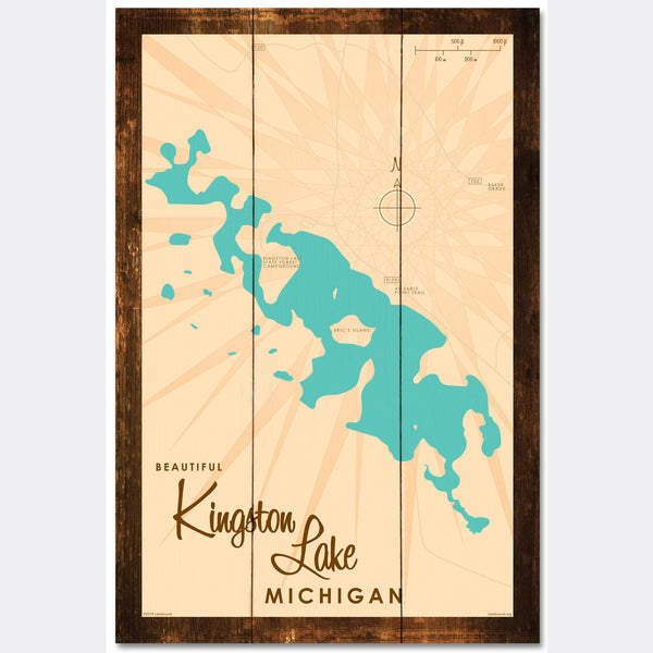 Kingston Lake Michigan, Rustic Wood Sign Map Art