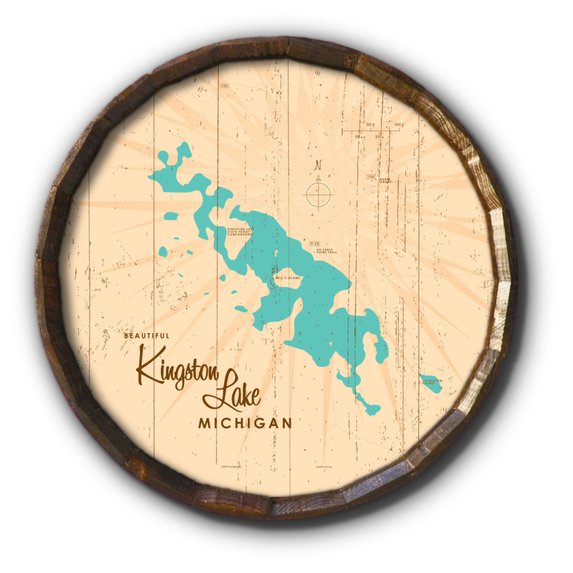 Kingston Lake Michigan, Rustic Barrel End Map Art