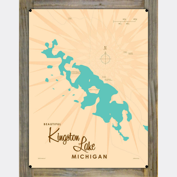 Kingston Lake Michigan, Wood-Mounted Metal Sign Map Art