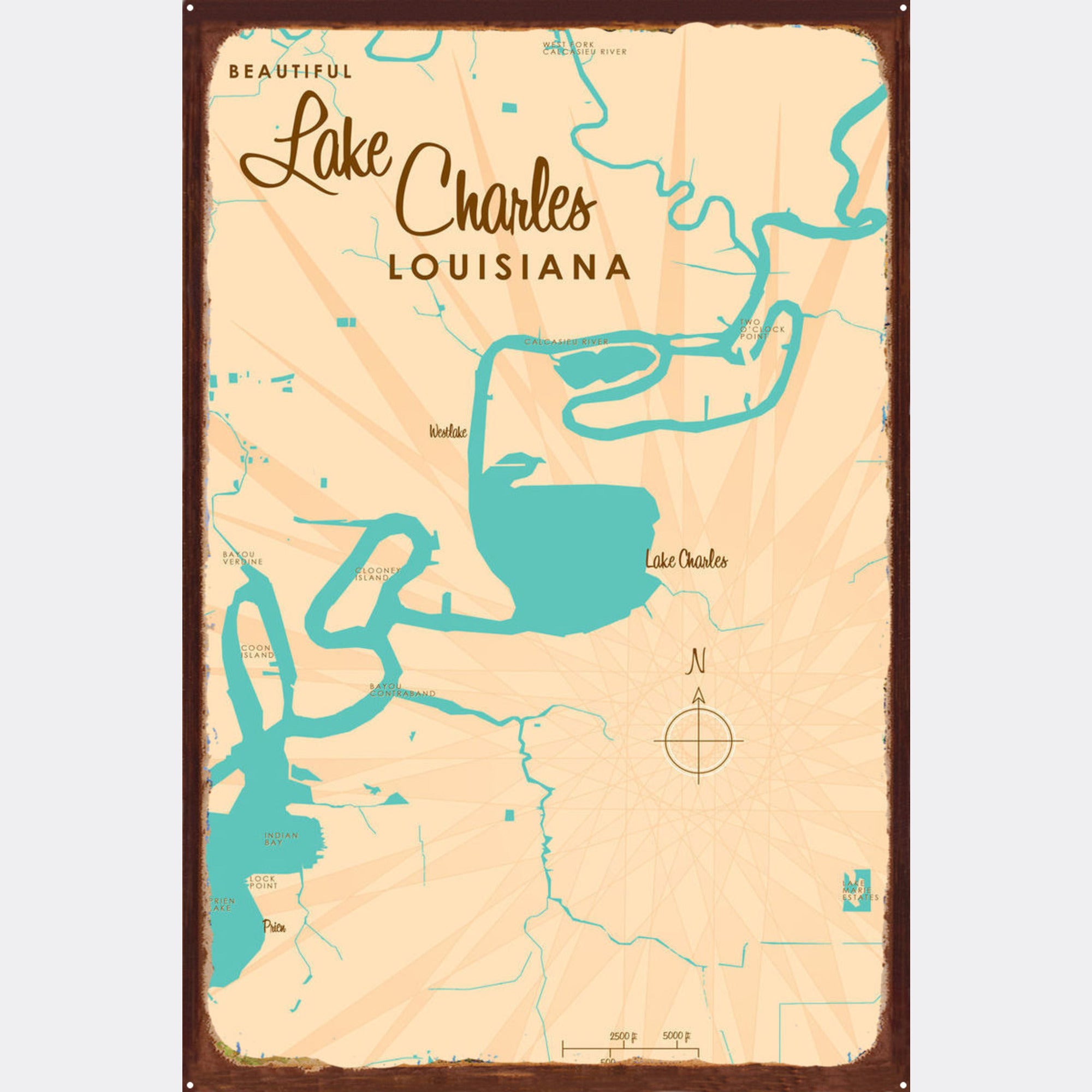 Lake Charles Louisiana, Rustic Metal Sign Map Art