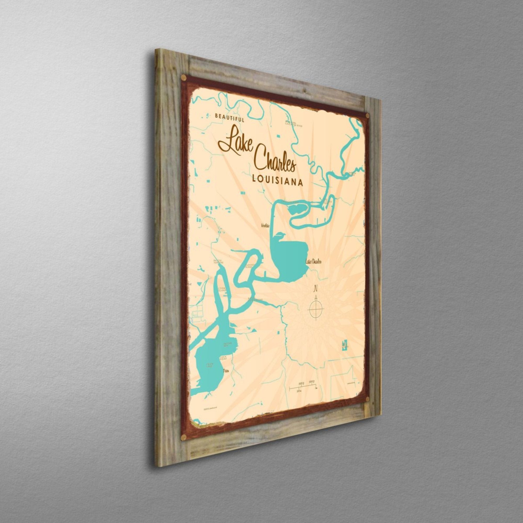 Lake Charles Louisiana, Wood-Mounted Rustic Metal Sign Map Art